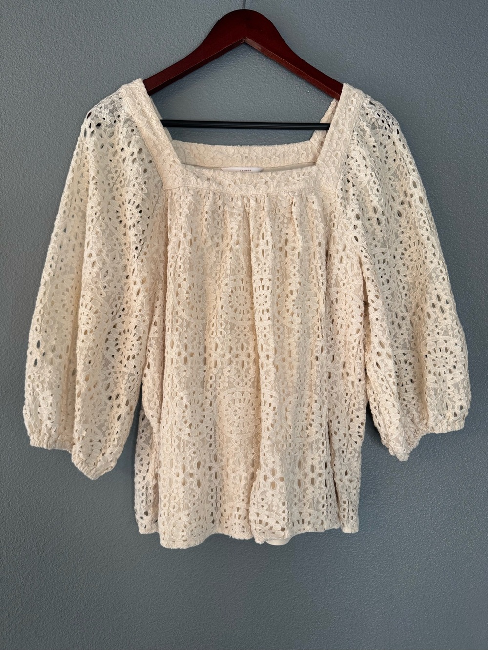 LC Lauren Conrad Cream Ivory Crochet Lace Square-Neck Peasant Puff Sleeve Blouse - Picture 1 of 8
